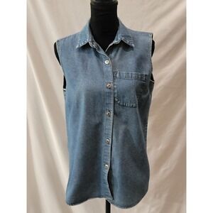 Stampede Vintage Denim Sleeveless Shirt Womens Medium Blue Western Button Up USA